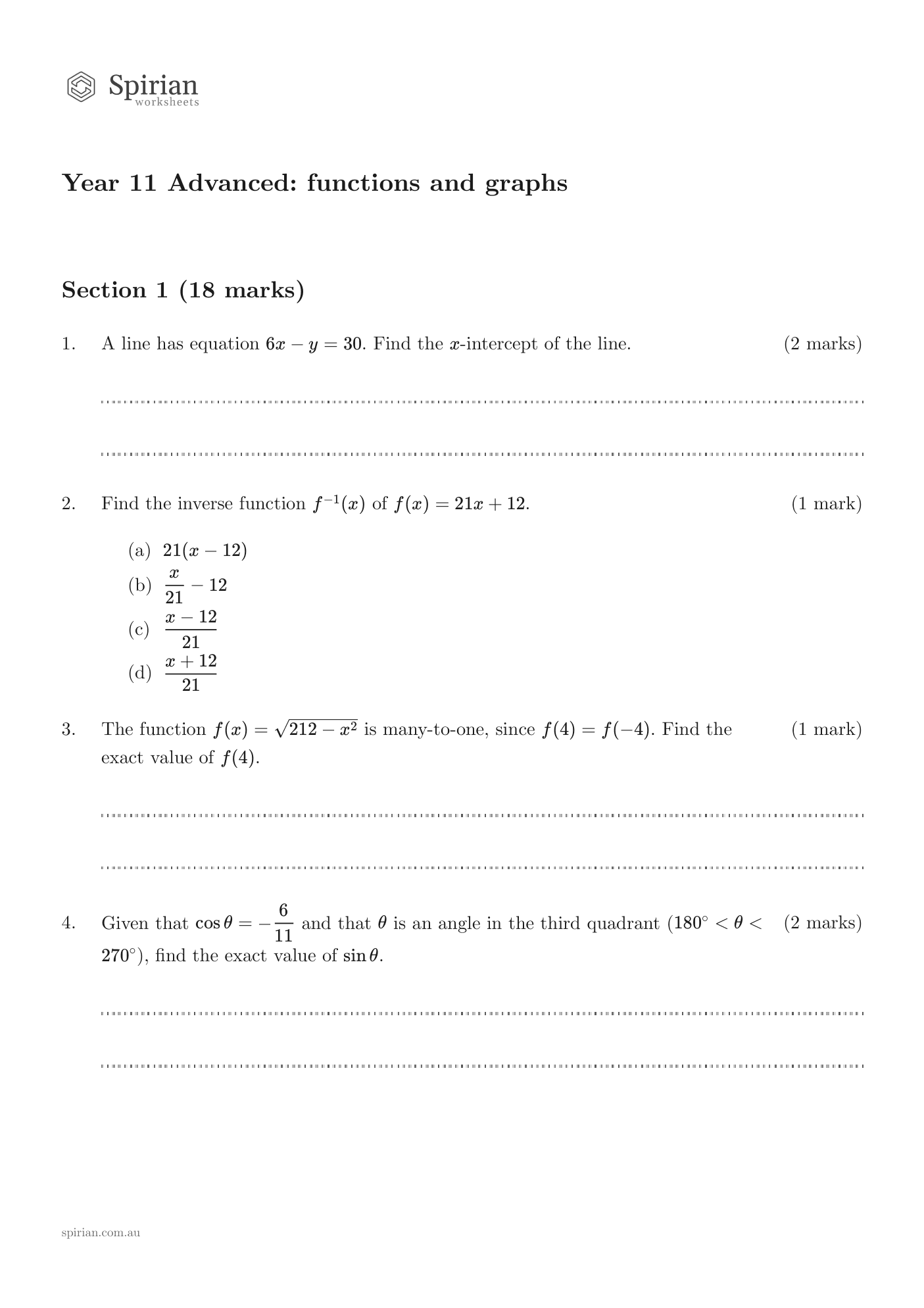 A Spirian Worksheets page: Year 11 Advanced, functions and graphs, with working lines under each question